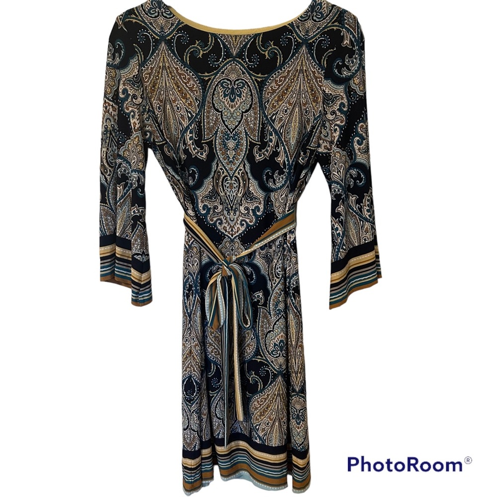 Studio One NY| Navy Yellow Paisley Dress with coordinating sash.